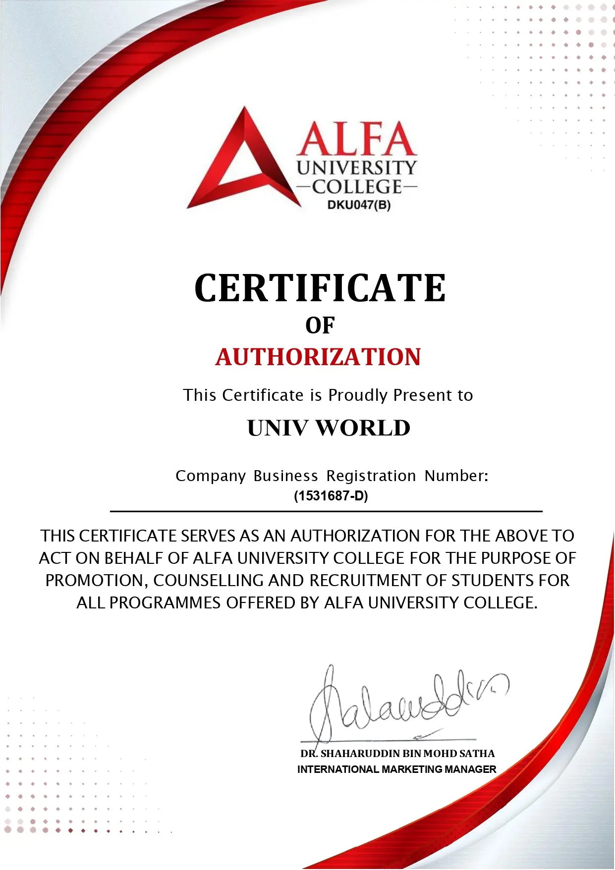 شهادة تفويض رسمية من كلية جامعة ألفا ماليزيا لصالح شركة UNIV WORLD